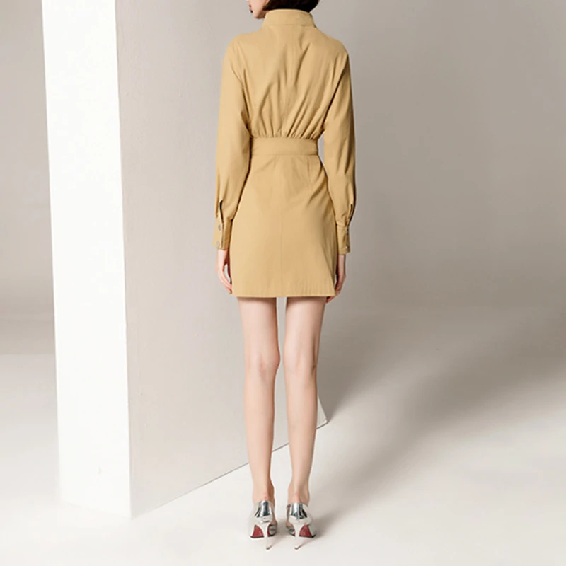 TWOTWINSTYLE корейское платье для женщин со стоячим воротником с длинным рукавом с высокой талией короткие платья-карандаш женские осенние модные новые