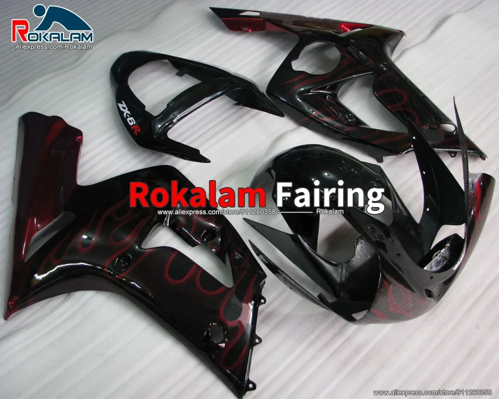 

For Kawasaki ZX6R Ninja 2003 2004 ZX-6R 03 04 Red Flame Black Motorbike Body Kit (Injection Molding)