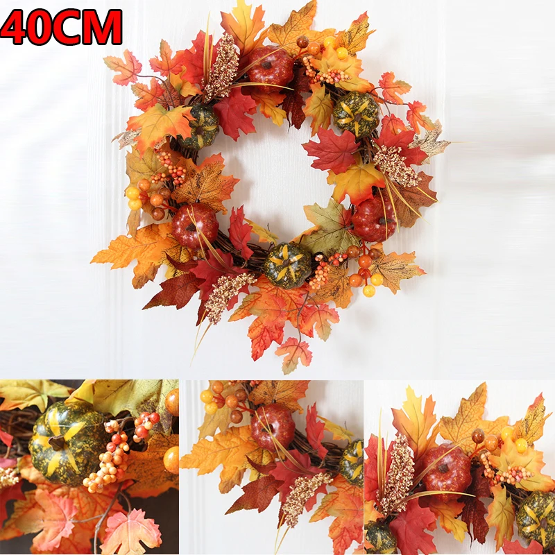 

Венок с кленовыми листьями 40 см, украшение для двери, Осенний тыквенный сосновый конус, искусственный венок, праздничное украшение для стен ...