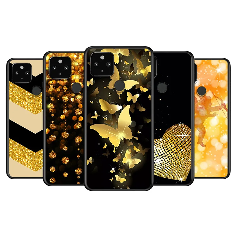 

Yellow gold glitter Soft TPU Silicone Black Cover For Google Pixel 5 4A 5G 4 XL Phone Case