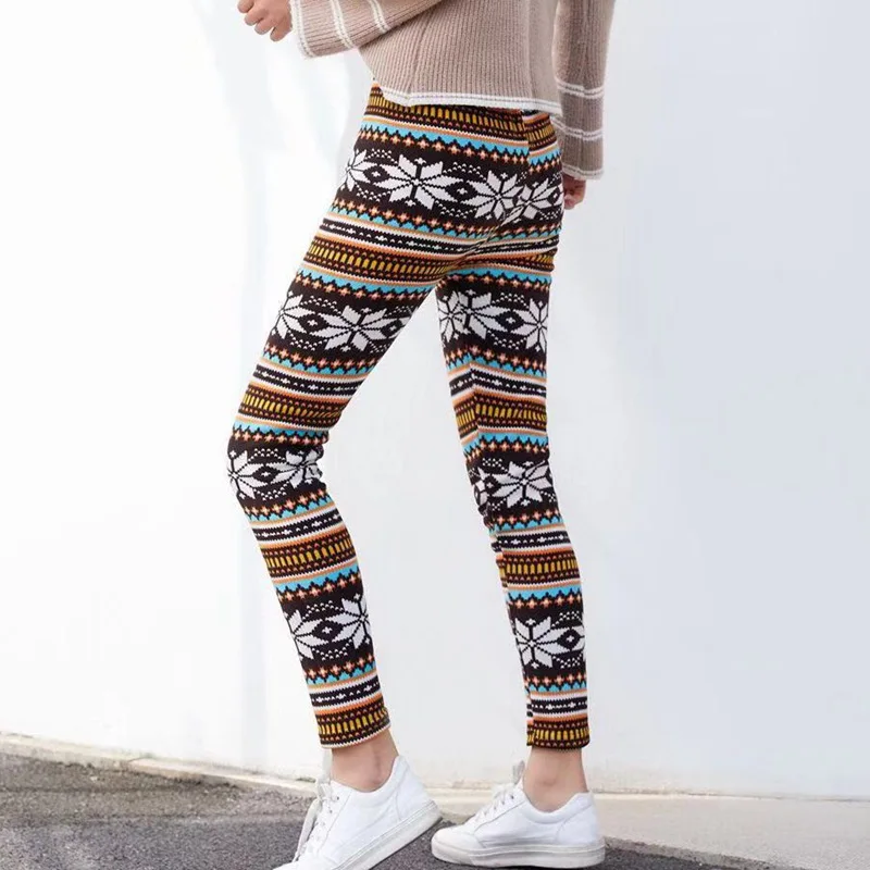 Женские теплые леггинсы на осень и зиму с принтом животных цветов оленей снега