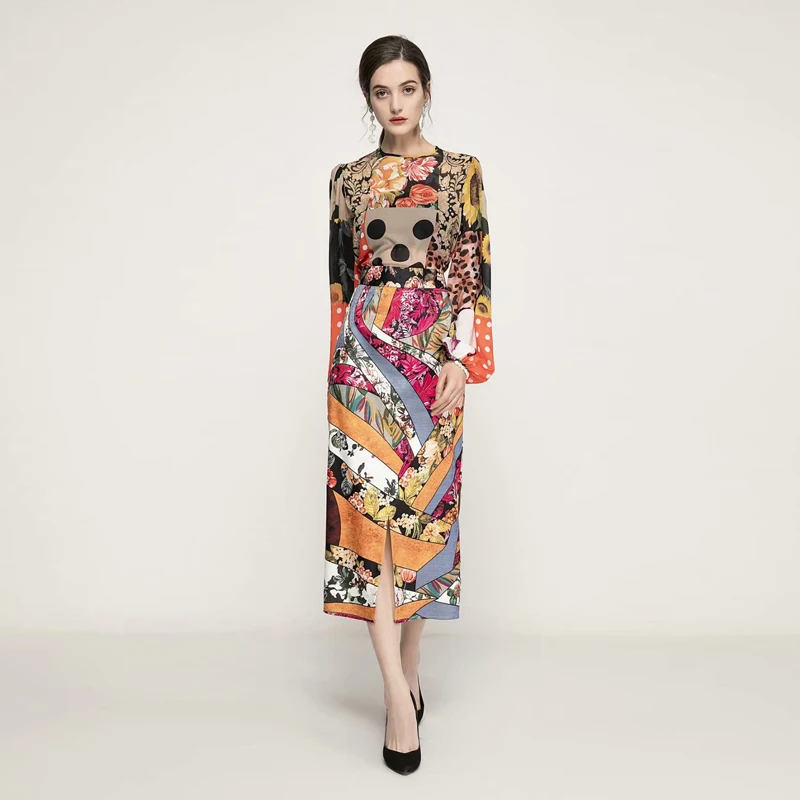 

2021 spring new suits Women Vintage fashion Chiffon Polka Dot Print Color Block Shirt Slim Elegant Half Skirt Sets