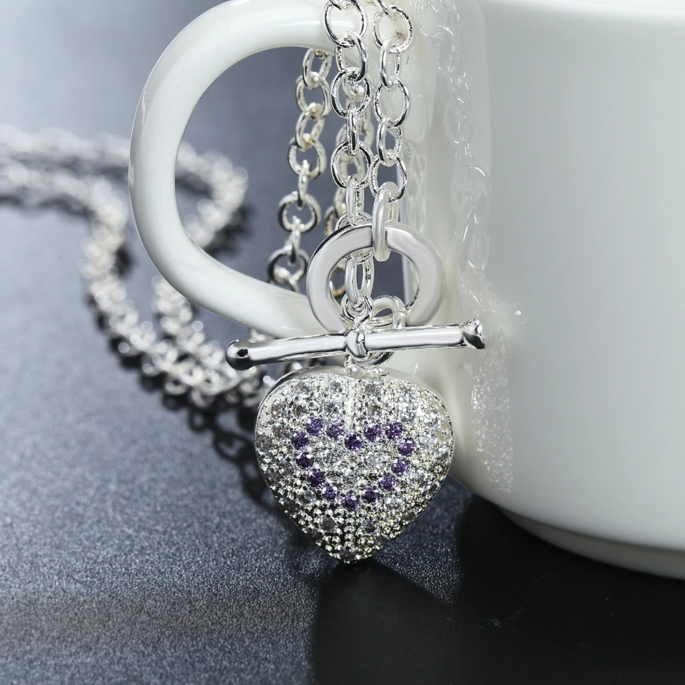 

Fashion brand 925 Sterling Silver Necklace For Women Jewelry Charm purple Crystal Heart Pendant Christmas gifts Wedding