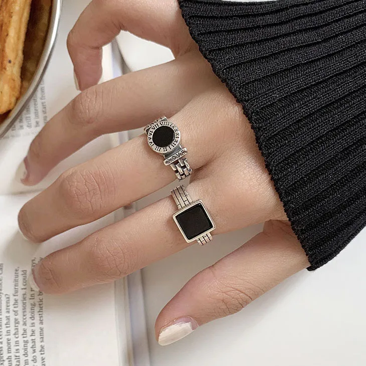 

Womens Personality Finger Ring Jewelries Round Square Resin Black Rings For Women Cool Hip-hop Fashion Jewellery Gifts