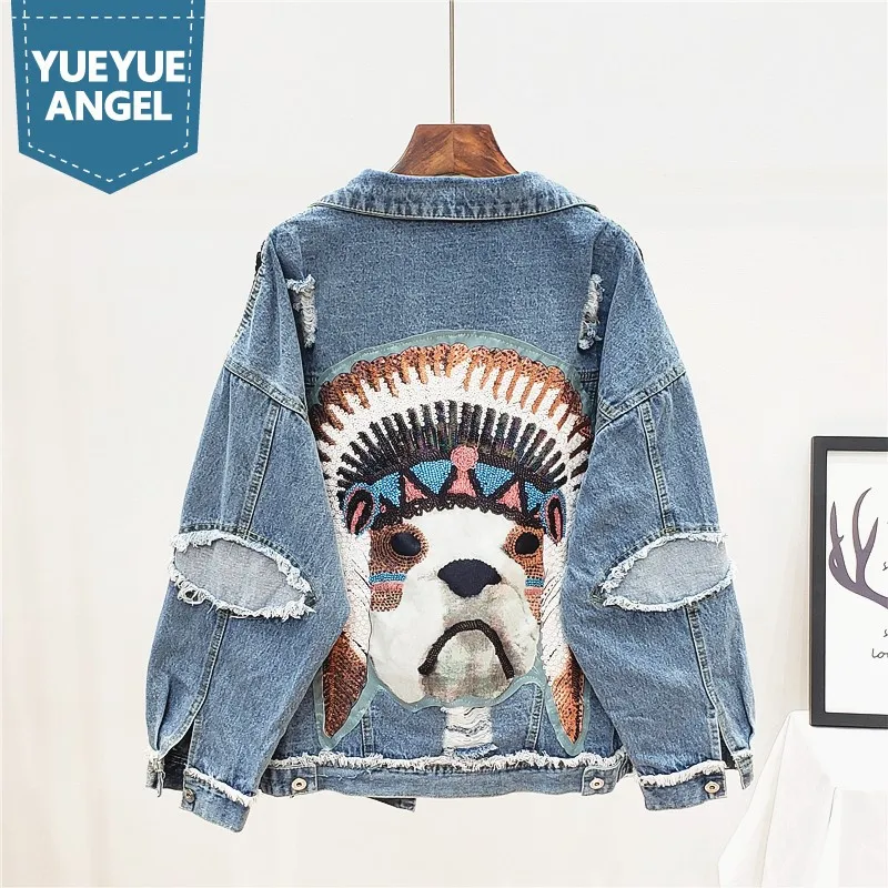 

2021 Autumn Women Denim Jacket Punk Hole Ripped Beading Tassel Sequins Graphic Jean Jackets Casual Short Coat Female Outerwear