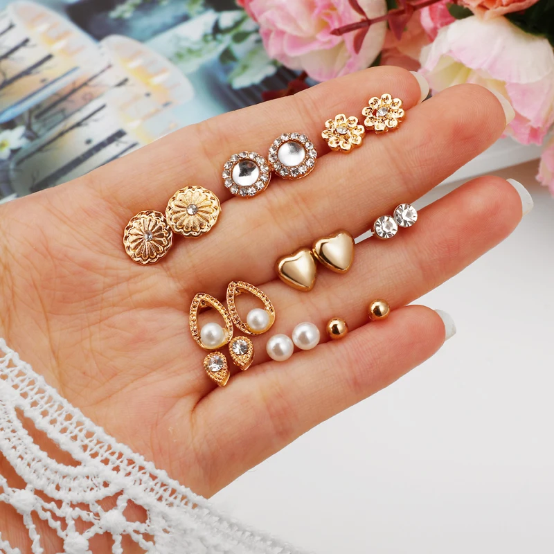 9 пар/компл. серьги-гвоздики набор с карточкой прозрачный циркон имитация жемчуга