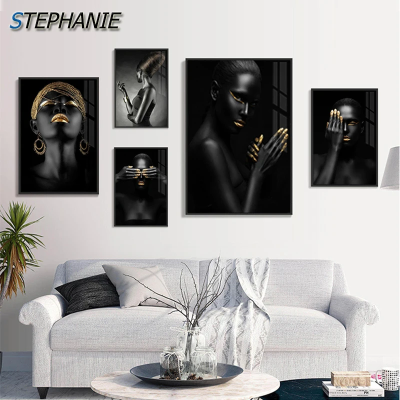 Современный плакат с Африканской черной и золотой женщиной печать Обнаженная