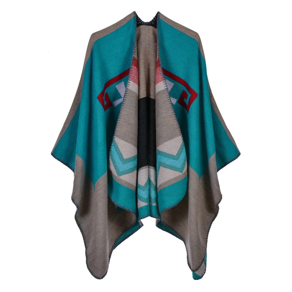 

Ladies Fashion Wave Pattern Split Fork To Keep Warm European And American Personality Shawl Imitation Cashmere Cloak Travel Cape