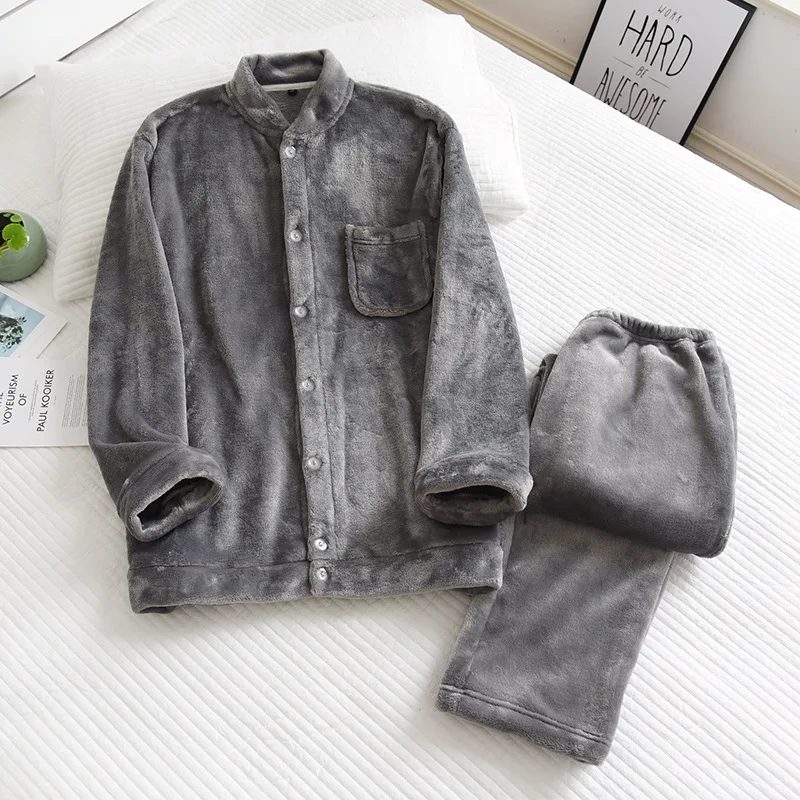 

Flannel Couple Home Service Solid Color Simple Japanese Autumn and Winter Long-sleeved Trousers Suit Pajamas Camisones De Mujer