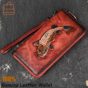 luufan high quality female engraving embossing leather long purse featured genuine leather long wallet red black brown for girls