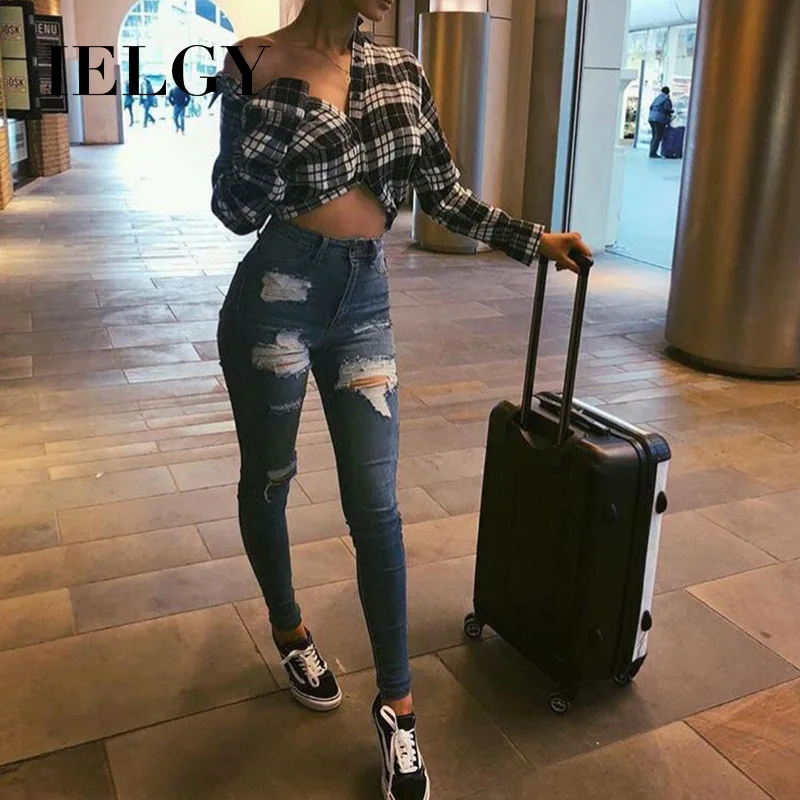 

IELGY Elastic Jeans Women's Fashion high waist hole wild comfortable slim trend washing Trousers