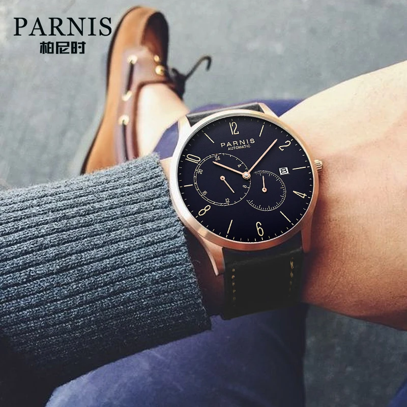 Мужские Водонепроницаемые механические часы с автоматической датой и кожаным