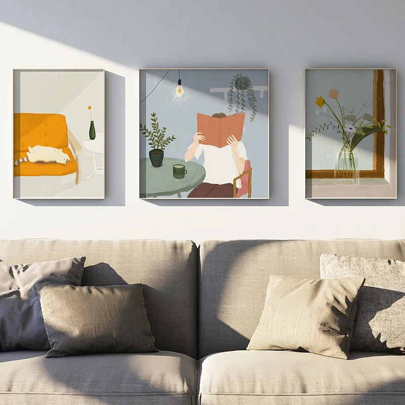 

Abstract Cartoon House Flower Vase Cat Landscape Canvas Painting Sofa Background Wall Picture Poster Living Room Home Decoration