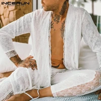 incerun new mens casual loungewear stylish suits long sleeve long pants male all match sinple splicing lace suit 2 pieces s 5xl