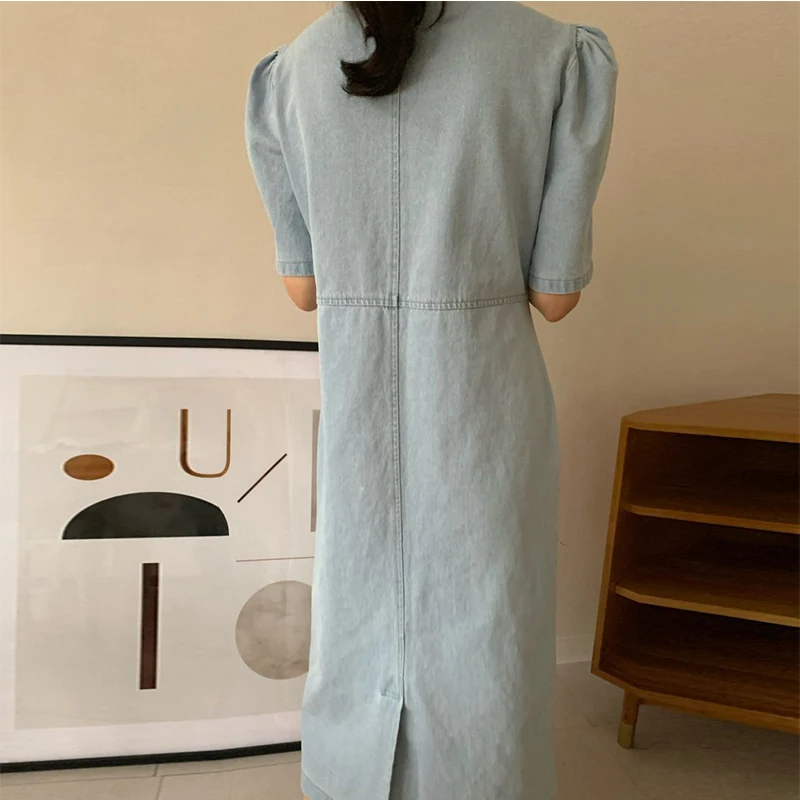 

Solid blue Denim woman dress Square collar High Waist Casual holiday dresses for women Short Sleeve Loose Fit long vestidos 2021