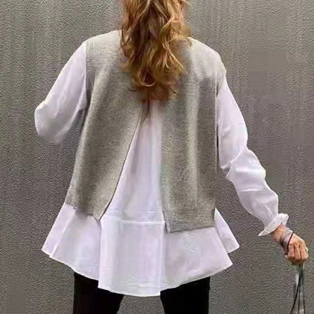 Женский пуловер из двух предметов осенняя блузка с длинным рукавом и оборками