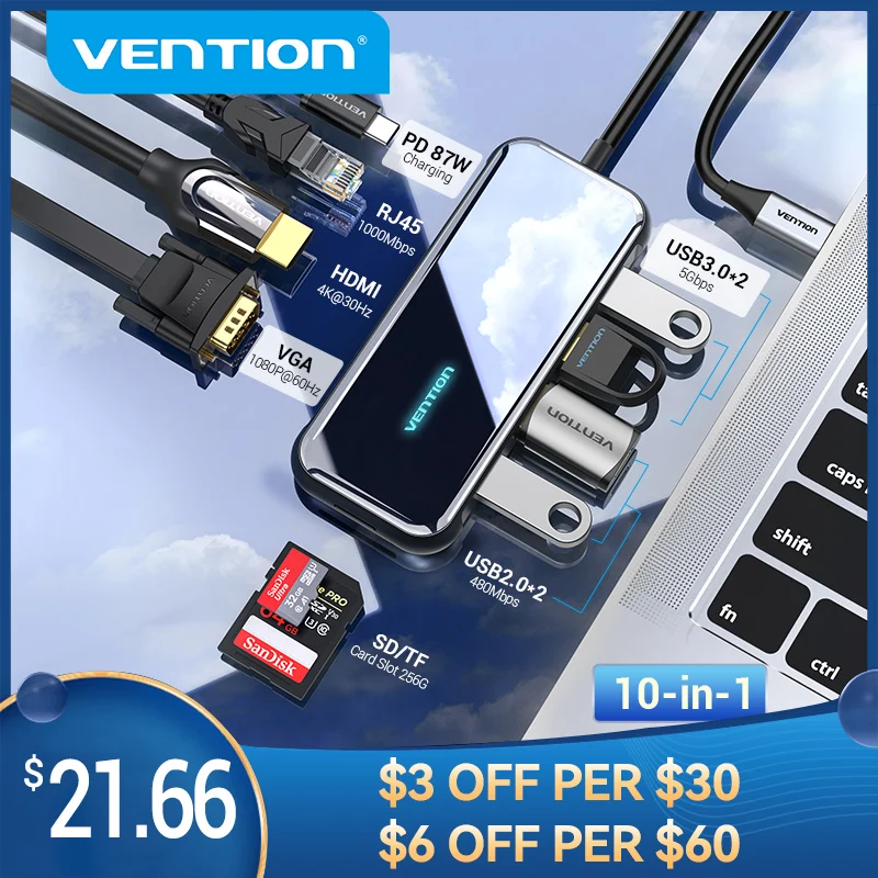

Vention USB C HUB Type-C to HDMI Multi USB 3.0 HUB Adapter Thunderbolt 3 for MacBook Pro USB-C 3.1 Splitter USB C HUB 10 in 1