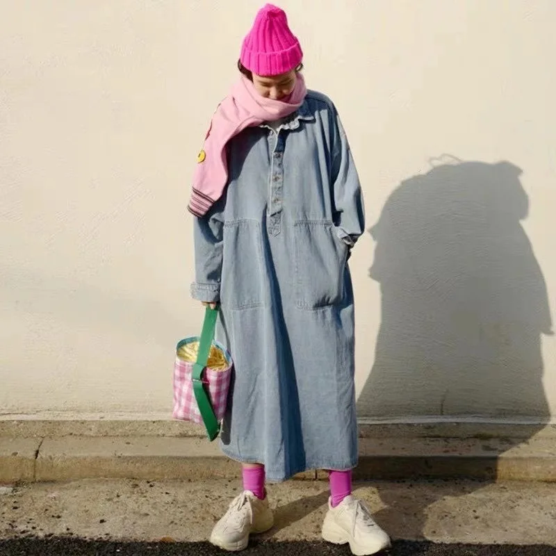 

Denim Dress Women's Spring Clothing Full Sleeve Turn-Down Collar Buttons Split Casual Loose Female Street Wear Denim Robe Dress