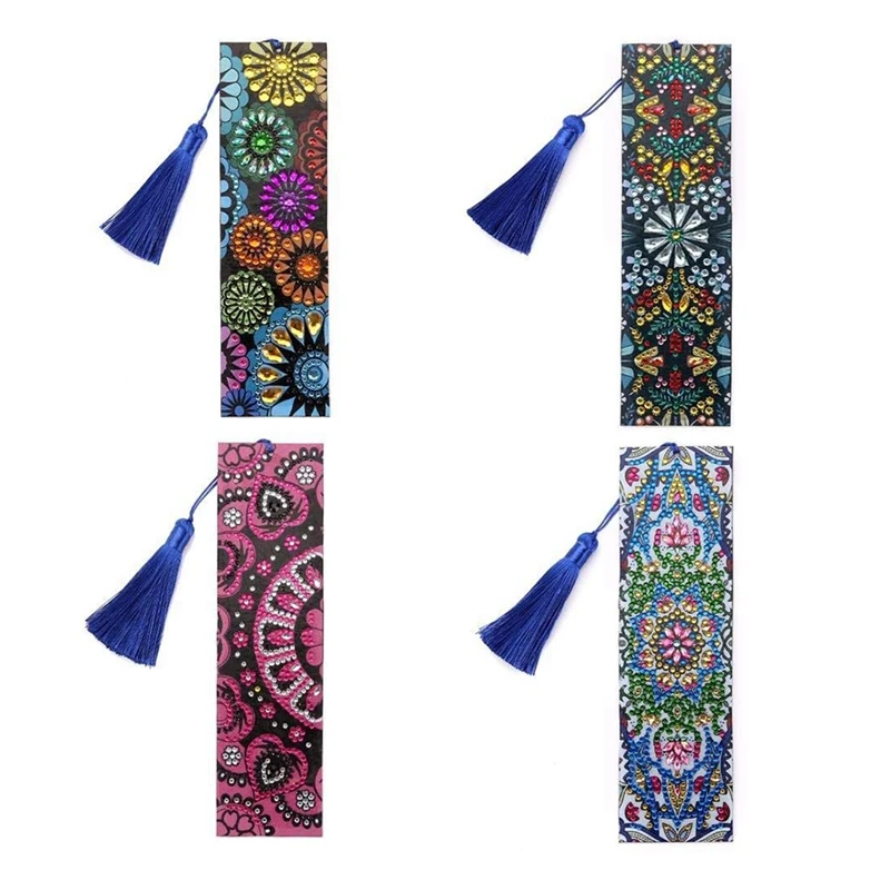 

4Pcs Diamond Painting Bookmarks Handmade Beaded Bookmarks with Tassel 5D Rhinestone Bookmarks DIY Art Craft Set