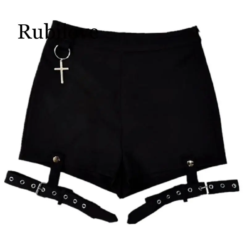 

Женские шорты Rubilove в стиле панк-рок, сексуальные летние черные шорты с подвесным украшением и перекрестными кольцами