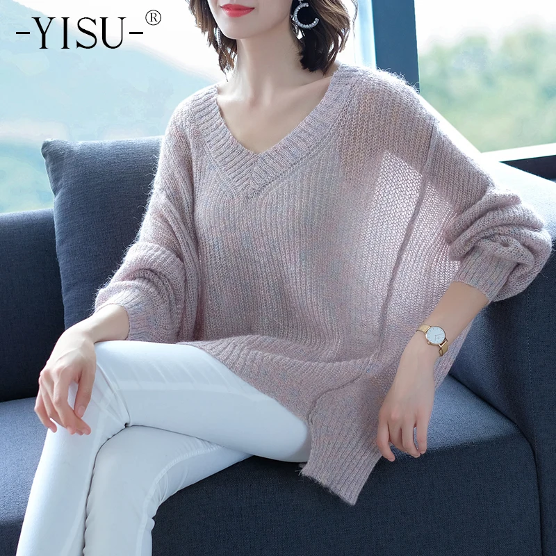 

YISU Mohair Sweater Women Autumn Winter Knitted pullover Casual Loose V-Neck Long sleeve Jumper soft Sweater Women