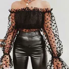 Женская прозрачная сетчатая майка, кружевная прозрачная рубашка с открытыми плечами, укороченные женские топы Повседневный Топ в горошек, на лето