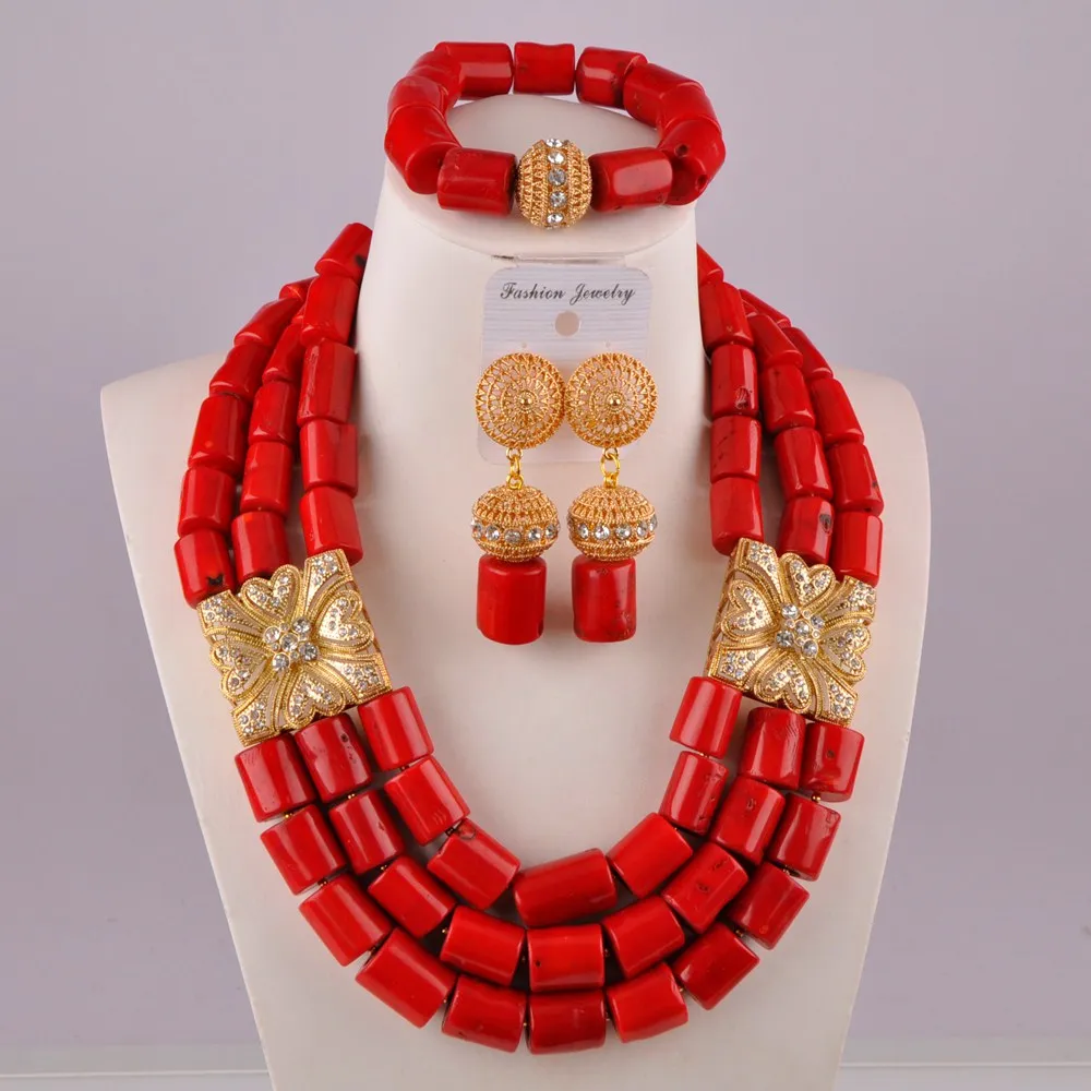 

Стильный красный нигерийский Свадебный костюм из коралловых бусин ожерелье комплект ювелирных изделий в африканском стиле C21-21-01