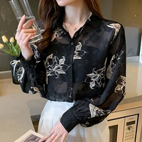 see through print shirts women chiffon blouses 2022 spring lantern sleeve ladies tops korean fashion clothes camisas de mujer