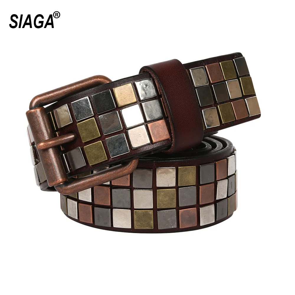 New Unisex Head Layer Cowhid Leather Belt Hide Flat Nail Inlay Square Decorative Personality Handmake Belts Women SA011