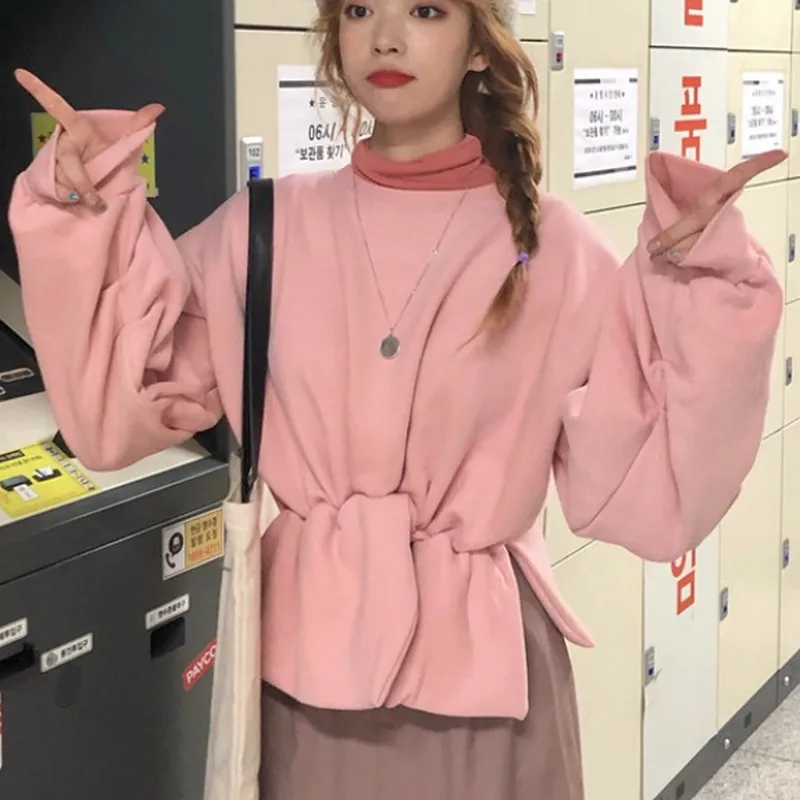 Пуловер с асимметричным подолом Женская толстовка модная Корейская рукавом