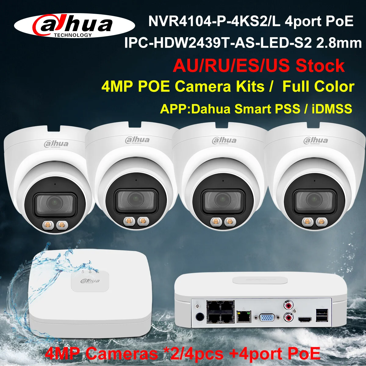 

Dahua Security Camera System 4MP PoE Kits IPC-HDW2439T-AS-LED-S2 NVR4104-P-4KS2/L 4CH NVR Recorder 2/4pcs IP Camera Build in Mic