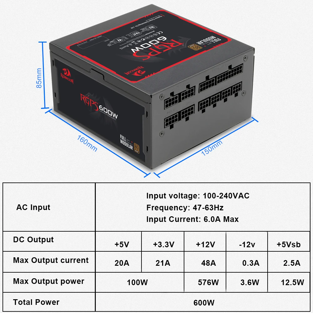 Блок питания REDRAGON RGPS для ПК 600 Вт 80PLUS бронзовый тихий игровой вентилятор 120 мм 24pin