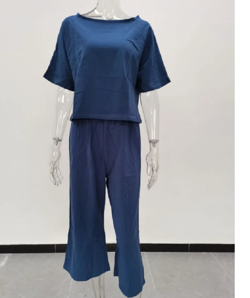 

Summer Woman Cotton Linen Two Piece Sets Vintage O-Neck Tops Shirt Long Pants Suit Elegant Lady Harajuku Loose Casual Trousers
