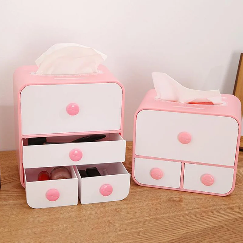 

1PC Plastic Tissue Box with Drawers Napkin Holder Makeup Storage Box Jewelry Desktop Office Cosmetic Organizer