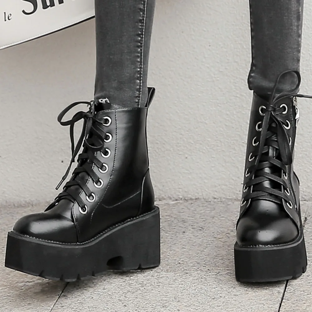 

Женские мотоциклетные ботинки на платформе, с круглым носком, на шнуровке