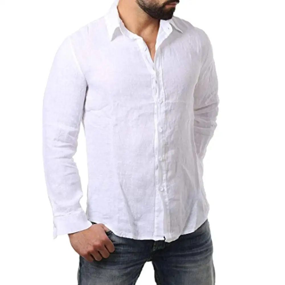 

Рубашка мужская однотонная из хлопка и льна, приталенная Повседневная офисная блуза с отложным воротником и длинным рукавом, модная одежда,...