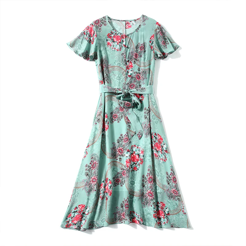 

100% Silk Women's Dresses O Neck Short Sleeves Printed Sash Belt Fashion Holiday Dresses