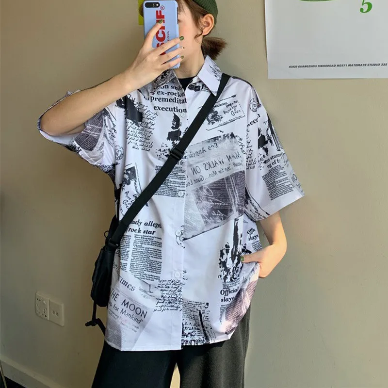 

Retro Style Newspaper Print Shirt Women Short Sleeve Turn-down Collar Tops and Blouses Ladies Button Loose Blouse
