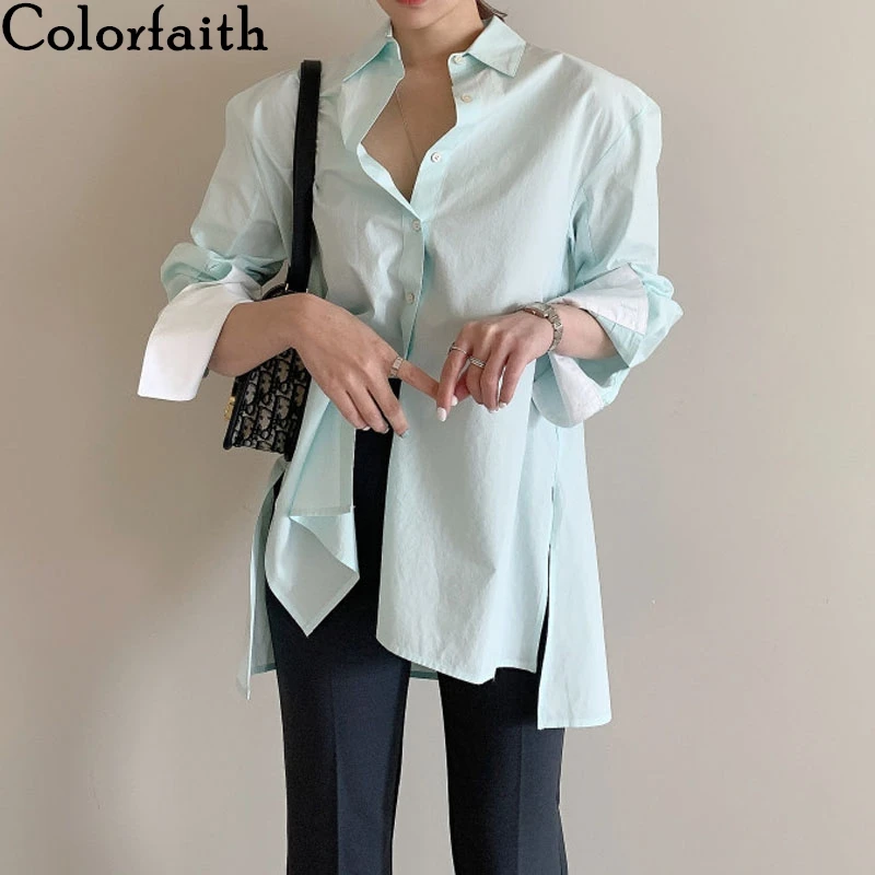 

Блузка Colorfaith женская оверсайз, пуговицы для рубашки, повседневный винтажный контрастный топ с разрезом, BL7588, Осень-зима 2021