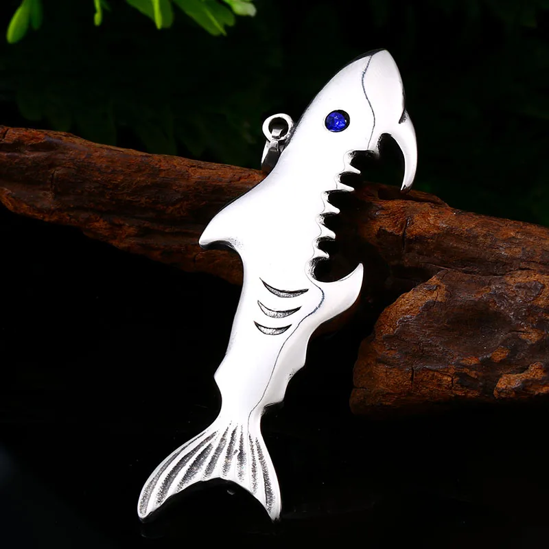 Beier 316L stainless steel Fashion Shark Blue Stone Pendant Necklace bottle Opener Punk High Quality Jewelry LLLHP094P