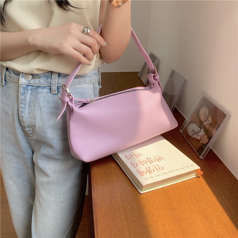 

Vintage Women Armpit Handbags Retro Soft Leather Female Shoulder Bag Luxury Design Solid Color Simple Baguette Bags Bolso Mujer