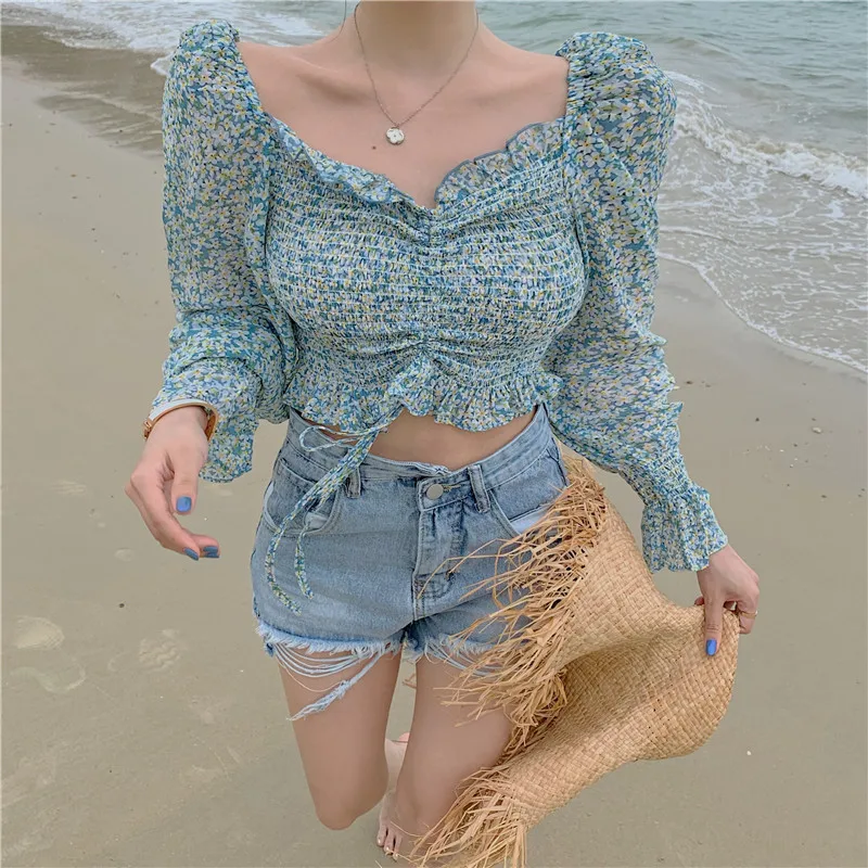 

Print Chiffon Slash Neck Off Shoulder Blouses Summer Long Sleeve Shirts Fashion Brand Korean Clothes Crop Top Women Beach Style