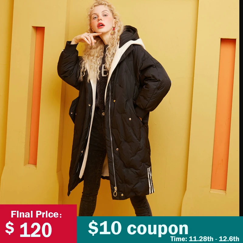 Женский пуховик ELFSACK черный теплый в полоску с капюшоном и длинными рукавами на