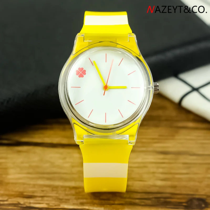 

free shipping middle student yellow silicone strap wristwatch woman girls fashion luckly clover dial waterproof quartz watch