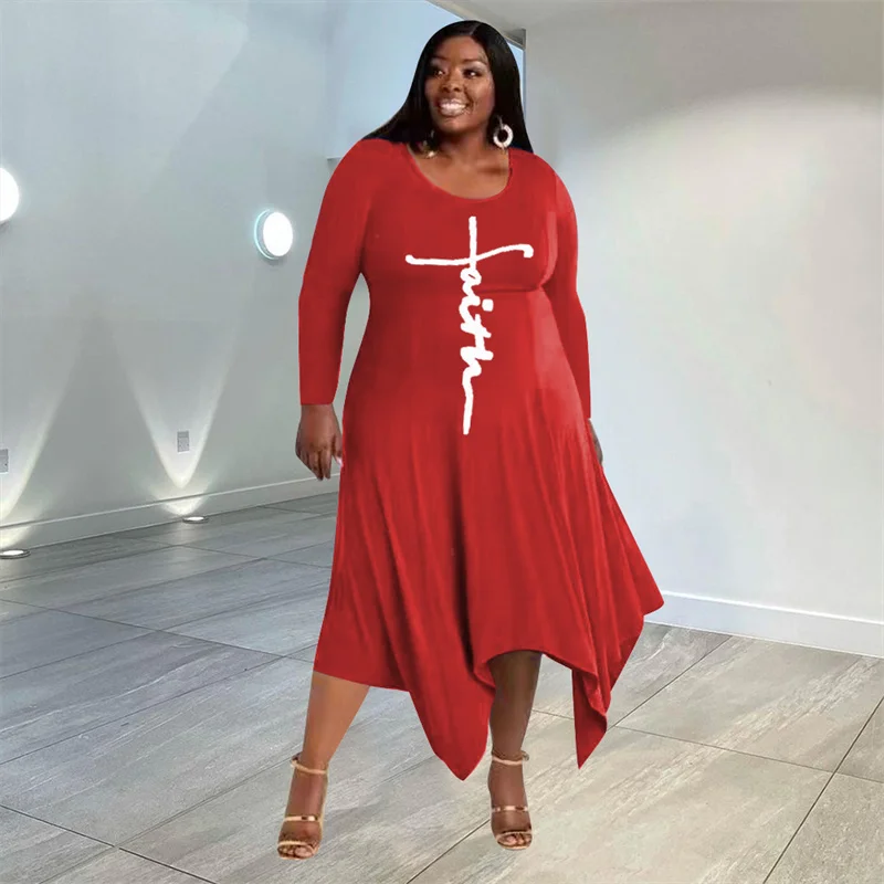 

Plus Size Dresses Geometric Print Clothes Women Fall Long Sleeve Dress Irregular Hem Elegant Midi Dress Wholesale Dropshipping