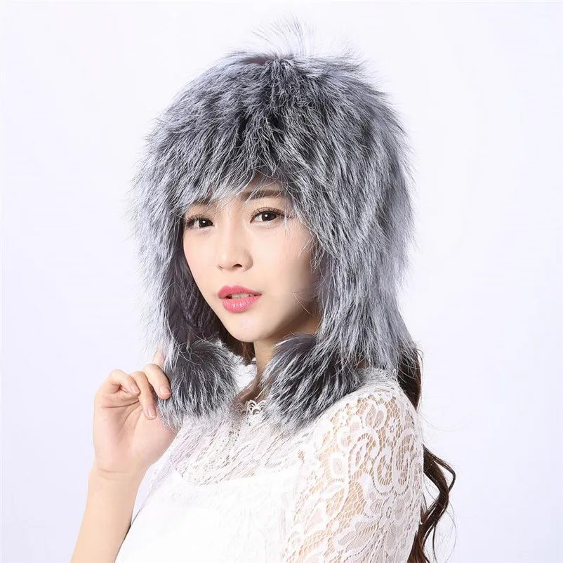 

New Winter Real Silver Fox Fur Hats For Women Earflap Warm Ear Bomber Hat Ski caps H44