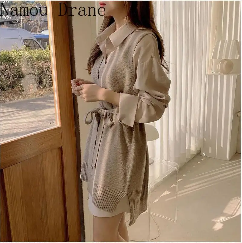 Платье-рубашка в Корейском стиле + жилет с V-образным вырезом кружевной Женский