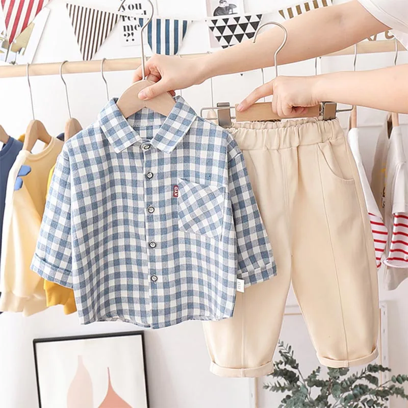 

Boys Plaid Shirt Solid Color Trousers Suit Casual Spring Clothing 2 Piece Set Infant Kids Lapel Tops + Pants Outfit For Children
