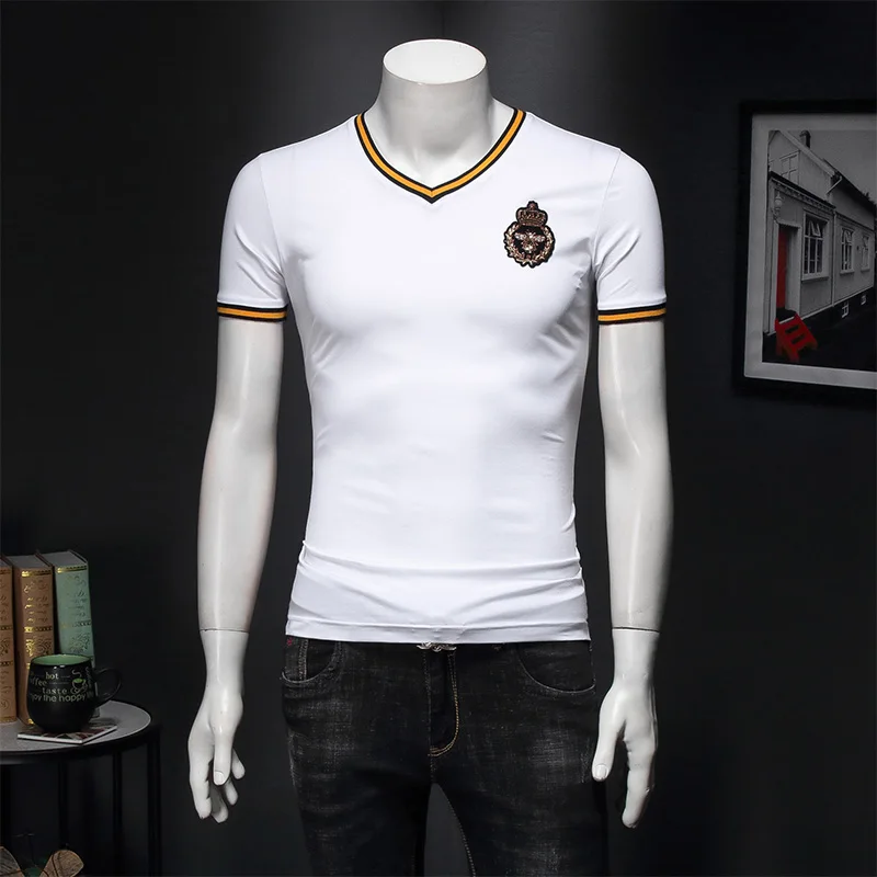 

Great Designer Excellent Quality Men's T-Shirts V-neck New Arrivals Brand Embroidery Tee Shirt Short Sleeve Summer Clothing E184