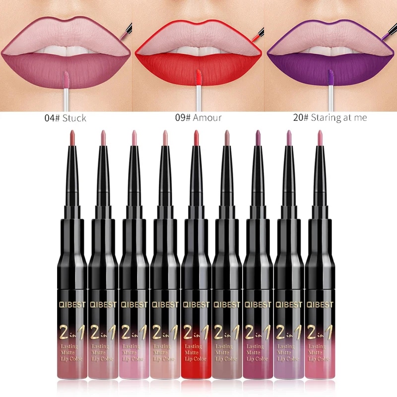

QIBEST 2 IN 1 Lip Liner Lip Gloss 20 Colors Waterproof Matte Long-lasting Red Lipliner Makeup Nude Lip Pen Lipstick Cosmetics